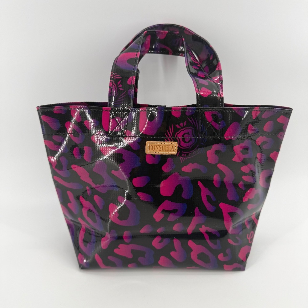 Consuela Pebbles Mini Grab-n-Go Tote Neon Pink Purple Leopard Print Black Bag